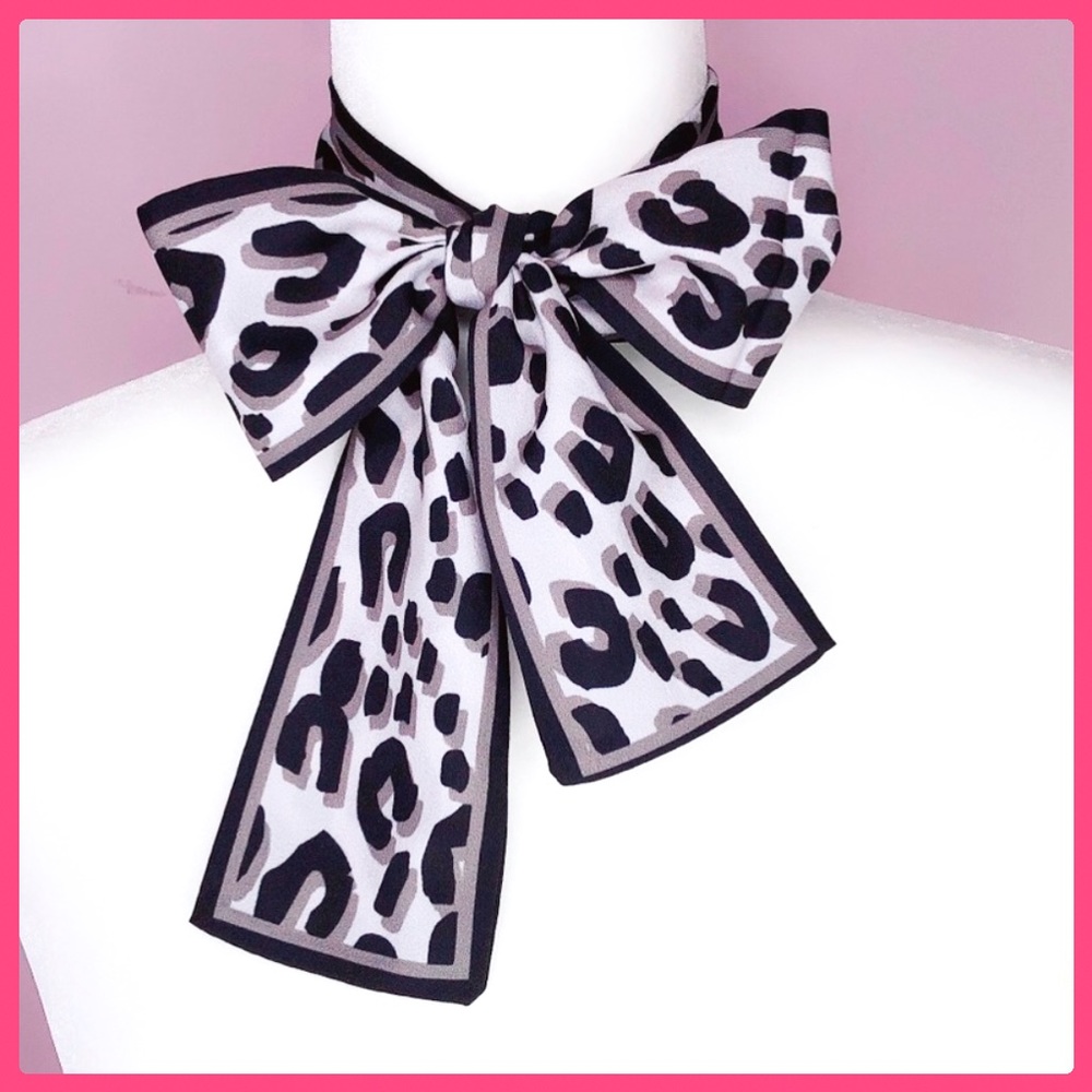 Skinny Gray Black Leopard Print Silk Scarf Tie Bag, Belt, Headband /Lightweight
